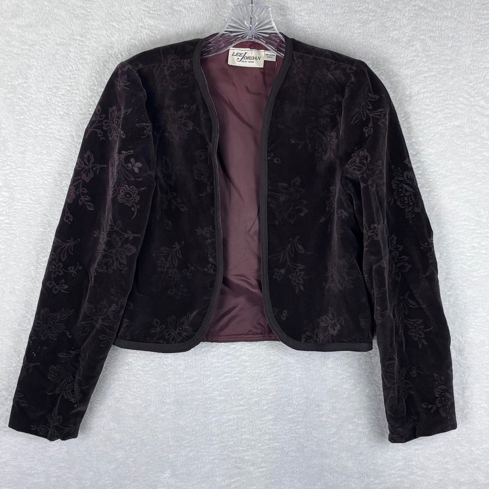 Lee Jordan Velvet Jacket Floral Print Brown Cropped Blazer Size M